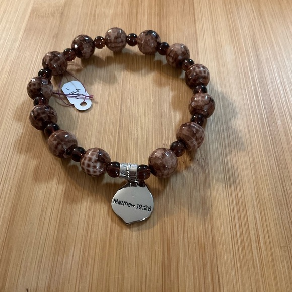 Hand Crafted Charm Bracelet Brown Stretch Beaded Scripture Unisex Matt. 19:26 - Picture 4 of 5